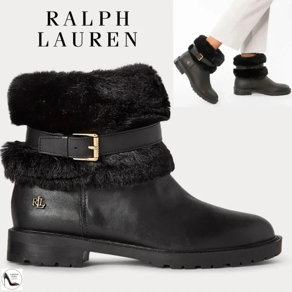Ralph Lauren Evanston Waterproof Black Leather Winter Warm Fur Moto Boots 7